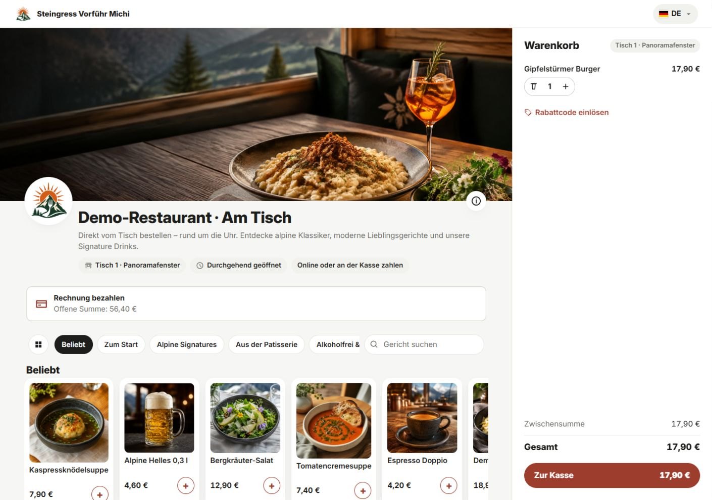 GASTON.ONE ORDER im Browser: Speisekarte mit Warenkorb für Tisch 1