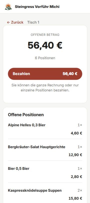 Offene Tischrechnung am Smartphone mit Betrag, Bezahlen-Knopf und offenen Positionen